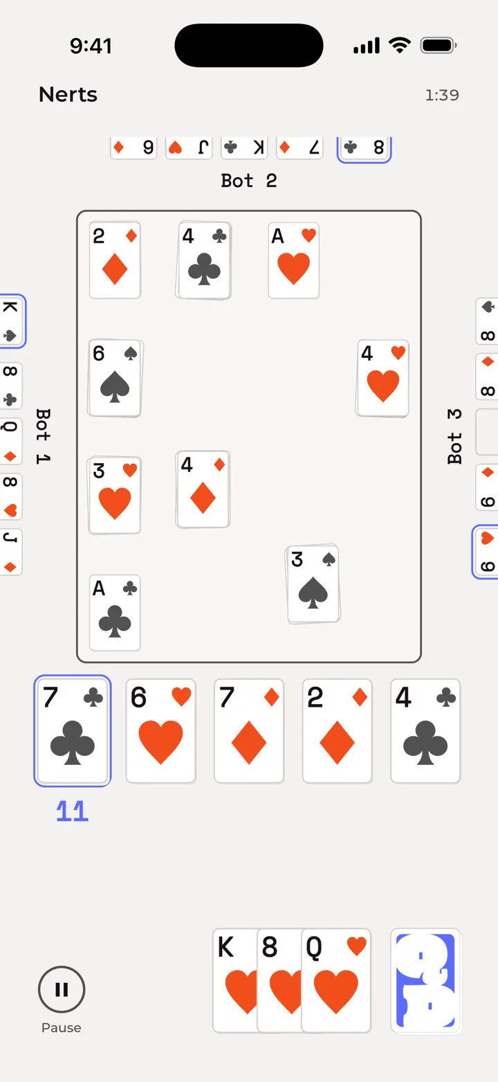 A four-player game of Nerts in Quick Draw
